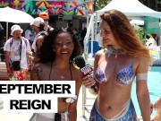 Preview 3 of Naked News reporter in mermaid body paint at Xbiz Miami interviews