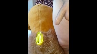 fucked fake hairy pussy and cum on labia. powerful cumshot