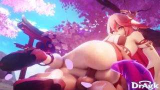 Yae Miko rides on top and gets pounded hard by a big Mitachurl - 3D Genshin impact Girls Churled HD