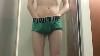 Twink Pisses His Green Calvin Klein Boxer Briefs