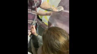 Girl rubs my dick while I work on a customers car 