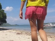 Preview 2 of Hairy Pussy PEE on Public Beach # Up skirt NO PANTIES