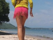 Preview 3 of Hairy Pussy PEE on Public Beach # Up skirt NO PANTIES