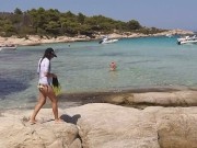 Preview 2 of Public RISKY PISSING and Pussy Flash on Crowded Beach