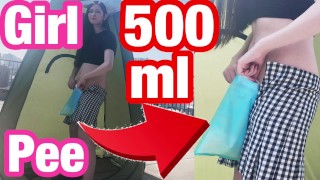 Outside handjob & Japanese girl's pee standing with 500ml portable toilet, piss, amateur, slender