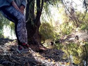 Preview 1 of BBW in leggings pissing by the lake in a public park