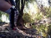 Preview 5 of BBW in leggings pissing by the lake in a public park