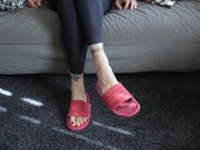 Preview 1 of slides slipper dangle, hot mom feet, milf, foot fetish