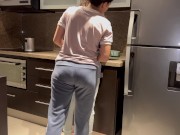 Preview 1 of Wife fucked hard with tongue while washing dishes in the kitchen, getting her to cum before her step