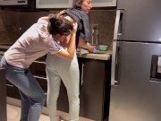 Preview 4 of Wife fucked hard with tongue while washing dishes in the kitchen, getting her to cum before her step