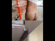Preview 3 of Dual cam: Exhibitionist sissy in thong getting her bottom naked in the street