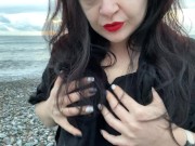 Preview 2 of Hot Mistress Lara is touching her big tits and masturbates at public beach