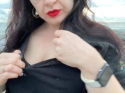 Preview 4 of Hot Mistress Lara is touching her big tits and masturbates at public beach