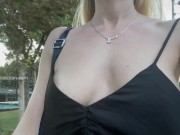 Preview 5 of A hot girl walks around the city in a loose dress without underwear, shines her breasts in a public