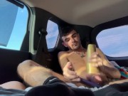 Preview 4 of STUCK IN CAR JERKING BIG SLOPPY COCK DRIPPING ON BOUNCING BALLS IN PUBLIC TRAFFIC