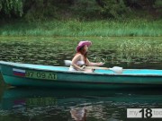Preview 2 of Cute girl decided to go fishing and caught a dildo and fucked herself in the boat