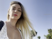 Preview 1 of Blondy girl flashing boobs on public beach. Downblouse