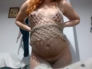 Preview 4 of Dark big nipples swollen tits pregnant woman in fishnets dress - pale skin natural ginger redhead