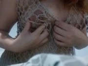 Preview 5 of Sexy puffy nipples perky tits pregnant natural ginger redhead long hair hot wife in fishnet dress