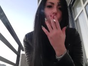 Preview 1 of Smoking fetish from sexy Dominatrix Nika. Pretty woman blows cigarette smoke in your face
