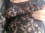 Preview 3 of See trough lace lingerie top - sexy dark hard nipples under clothes - puffy perky tits natural boobs