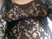 Preview 4 of See trough lace lingerie top - sexy dark hard nipples under clothes - puffy perky tits natural boobs
