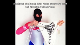 Latex Sissy vibrates in self bondage with chastity and breathplay
