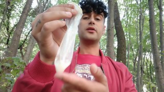 Playing with cruiser´s used condom in mouth and eating his cum after cruising