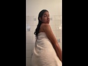 Preview 5 of Towel drop after shower revealing natural boobs - big puffy nipples huge areolas - large perky tits