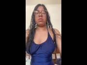 Preview 2 of Pretty nerdy girl in glasses and one piece swimsuit revealing big natural boobs with stretch marks