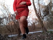 Preview 1 of Curvy MILF pissing outdoors with her legs wide apart