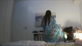 Japanese Wife doing Sexy Striptease Danse in Blue Kimono and Blowjob Handjob