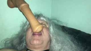 Mature Tranny Playing with Horse Dildo