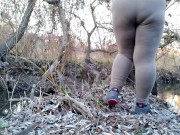 Preview 2 of Let's peep on big butt MILF in leggings shamelessly pissing outdoors