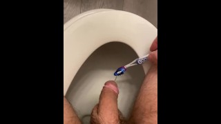Sitting them to piss using toothbrush hard to reach places stepmom bathroom stepsister