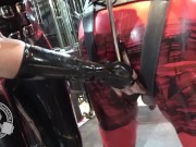 Preview 6 of Hooked on Bellatrix - rubber gimp with anal hook suspension in dungeon (teaser)