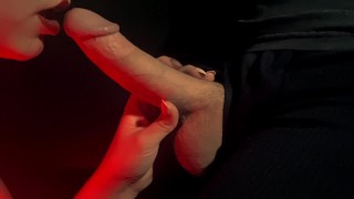 Gloved milf teases, strokes, and deep throat’s big cock for throatpie