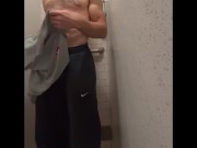 Preview 1 of Male stud with huge dick pee 2 times and cum a lot in public shower.