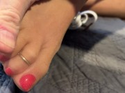 Preview 3 of Pantyhose footjob and cumshot with jeans and sneakers