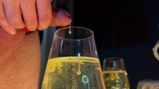 New Year's jerking off in champagne. Hairy hunk guy in a suit makes a cum cocktail. UHD 4K 60fps