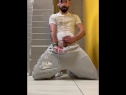 Preview 4 of Public toilet self piss with buttplug and hump orgasm