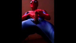 spiderman jerks off in hotel hallway and cums
