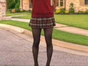 Preview 1 of Crossdresser in Public Masturbating Hot Schoolgirl Skirt and Nylon Slim Fit Twink Transvestite Outdo