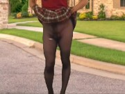 Preview 2 of Crossdresser in Public Masturbating Hot Schoolgirl Skirt and Nylon Slim Fit Twink Transvestite Outdo