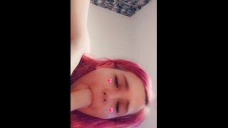 Pink Haired SLUT Sucks Dildo While Pleasured from BEHIND 💕