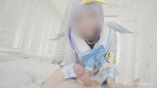 Japanese cosplayer cosplays as an anime character and gives a man a handjob with facesitting.