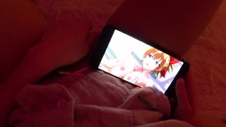 Japanese girl masturbates with a big dildo while watching hentai when her parents are at home and mo