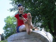 Preview 6 of Public dirty bare feet in park (flip flops, public foot teasing, long teos, petite girl feet, toes)