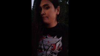 Trans girl plays with tiny tits outdoors