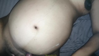 Cute Pregnant Brunette uses MASSIVE 9" DILDO to cum